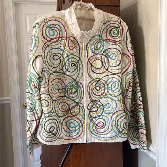*ANAGE Silk Colorful Swirl Women's Zip Up Jacket Blazer Ribbon Embroidered Retro - Picture 3 of 14